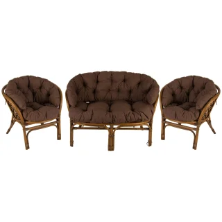 Komplet brązowych poduszek na rattanowe meble ogrodowe, w zestawie 2 fotele i 1 sofa. Idealne do ogrodu lub na taras.