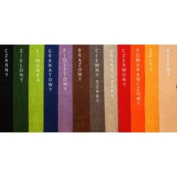 Tkanina dekoracyjna na poduszki, dostępna w wielu kolorach, w tym czarny, zielony, limonka, granatowy, fioletowy. Fragmenty różnych kolorów obok siebie.