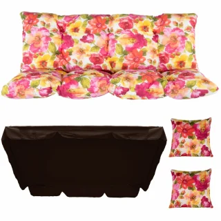 Poduszki na huśtawkę 150cm do ogrodu, w kwiatowy wzór. Komplet z poduszkami i brązowym daszkiem.