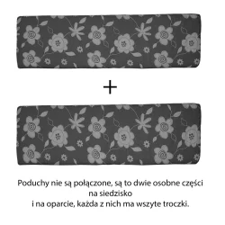 Poduszki ogrodowe 150cm na taras w kwiatowy wzór, komplet na siedzenie i oparcie. Kolor ciemny z jasnymi kwiatami.