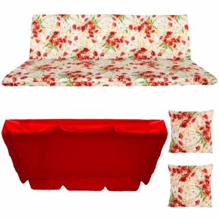 Poduszki ogrodowe 180cm na huśtawkę, w kwiatowy wzór, z jaśkami i czerwonym daszkiem.