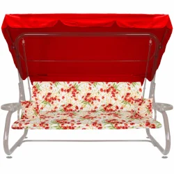 Poduszka ogrodowa 180cm na huśtawkę w kwiatowy wzór z czerwonym daszkiem i jaśkami. Idealna do ogrodu.