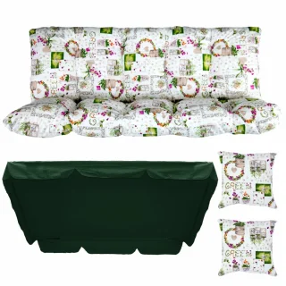 Poduszka ogrodowa 180cm na ławkę z jasnymi kwiatowymi wzorami, zestaw z daszkiem i dwoma jaśkami.