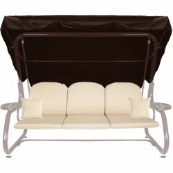 Poduszki na huśtawkę z daszkiem. Beżowe siedzisko z jaśkami, przeznaczone do ogrodu.