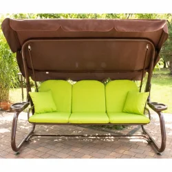 Poduszki ogrodowe na huśtawkę z daszkiem, jasne zielone z brązowym stelażem. Komplet z jaśkami.