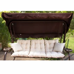 Poduszki ogrodowe 180cm na huśtawkę, kolor beżowy z brązowym daszkiem. Komplet złożony z trzech poduszek i daszka.