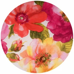 Poduszka ogrodowa z kwiatowym wzorem, idealna na działkę. Kolorowe kwiaty na białym tle.