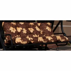 Poduszki ogrodowe na huśtawkę z kwiatowym wzorem w odcieniach brązu i żółci.