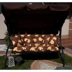 Poduszki na huśtawkę ogrodową w kwiaty, brązowe i żółte, z daszkiem. Idealne do ogrodu.