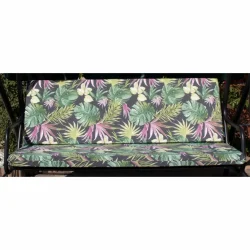 Poduszka ogrodowa 150cm na huśtawkę, wzór liści tropikalnych, dominujące kolory zielony i różowy.