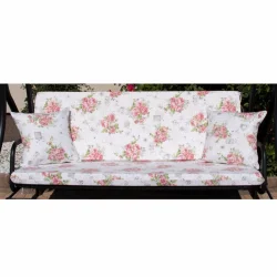 Poduszka na huśtawkę ogrodową 150cm z jaśkami w kwiaty, kolor biały z różowymi wzorami.