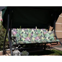 Poduszki ogrodowe 150 cm na huśtawkę z wzorem liści tropikalnych. Zielono-różowa kolorystyka.
