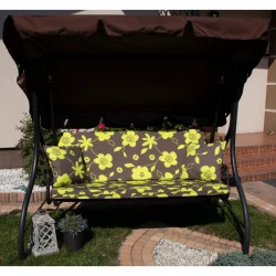 Poduszki ogrodowe na huśtawkę, kwiatowy wzór, kolor brązowo-żółty. Komplet obejmuje poduszkę z jaśkami i daszkiem.
