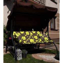 Poduszka ogrodowa 150cm na huśtawkę, brązowa z żółtym kwiatowym wzorem. Zestaw z jaśkami w komplecie.