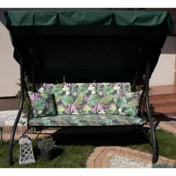 Poduszki ogrodowe na huśtawkę, zestaw z jaśkami i daszkiem, wzór roślinny w zielone liście i różowe kwiaty. Idealne do ogrodu.