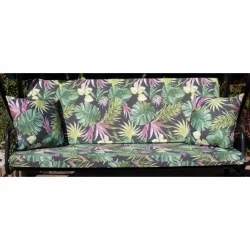 Poduszki ogrodowe 150cm na huśtawkę, z jaśkami, w kolorowy wzór liści na ciemnym tle.