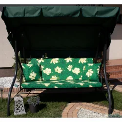 Poduszki na huśtawkę ogrodową, zielone w kwiaty, kompletne z jaśkami i daszkiem.