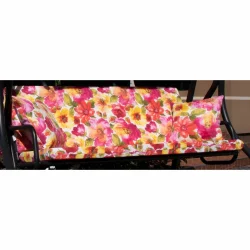 Poduszka ogrodowa 150cm na huśtawkę z jaśkami, kwiatowy wzór w czerwieni i żółci.