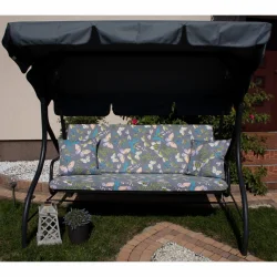 Poduszki ogrodowe na huśtawkę 150cm, z motywem motyli i roślin. Zestaw zawiera poduszki z jaśkami w kolorze niebieskim.