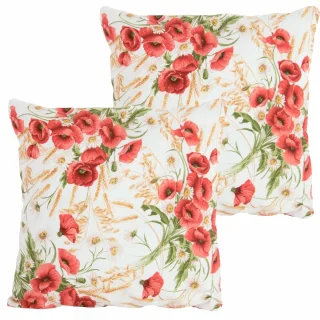 Zestaw jaśków dekoracyjnych na kanapę, z czerwonymi makami i zielonymi liśćmi na białym tle.