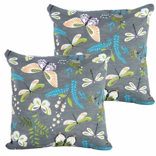 Zestaw jaśków dekoracyjnych do domu z motywem motyli i liści na szarym tle. Idealne na kanapę lub fotel.