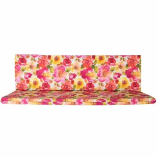 Poduszka ogrodowa 180cm na ławkę z kwiatowym wzorem. Dominują kolory różowy i żółty.