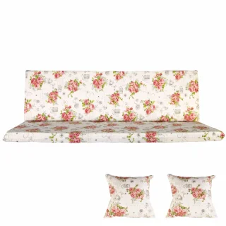Poduszki ogrodowe 180cm z jaśkami, na ławkę, do ogrodu. Różowy kwiatowy wzór na białym tle.