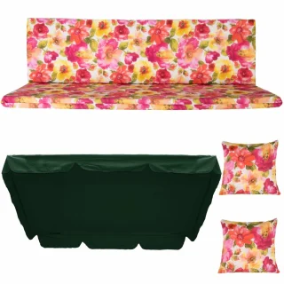 Poduszki ogrodowe 180cm na ławkę, kwiatowy wzór, komplet z jaśkami i daszkiem.