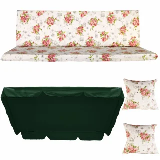 Poduszki ogrodowe 180cm na ławkę z jaśkami i daszkiem. Wzór z kwiatami na białym tle, daszek zielony.