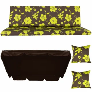 Poduszki ogrodowe 180cm na huśtawkę z jaśkami i daszkiem, brązowe z żółtymi kwiatami.