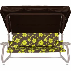 Poduszki ogrodowe 180cm na huśtawkę, komplet z jaśkami i daszkiem. Brązowe z żółtym kwiatowym wzorem.