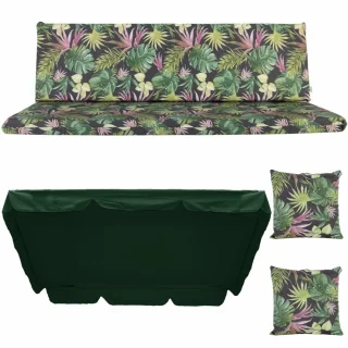 Poduszka ogrodowa 180cm na ławkę z jaśkami i daszkiem, motyw liści tropikalnych.