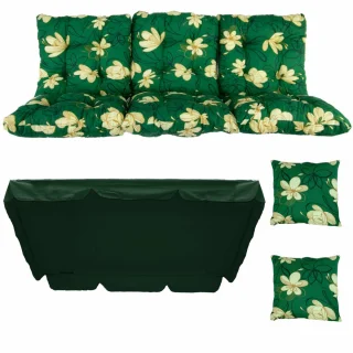 Poduszki ogrodowe 150cm z jaśkami i daszkiem na huśtawkę. Zielone w kwiaty.