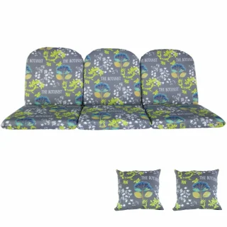 Poduszki ogrodowe 150cm na ławkę z jaśkami, wzór roślinny na szarym tle.