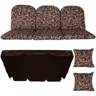 Poduszki ogrodowe 150cm na ławkę i huśtawkę. Brązowy wzór w spirale, komplet z jaśkami i daszkiem.