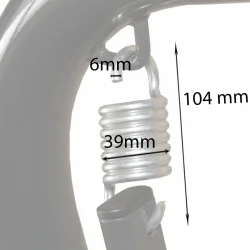 Sprężyna nośna do huśtawki ogrodowej, pojedyncza sztuka, metaliczna. Pokazane wymiary: 6 mm, 39 mm, 104 mm.