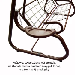 Metalowy stelaż huśtawki ogrodowej z brązowymi dodatkami. Wyposażony w boczną półkę na napoje i przekąski.