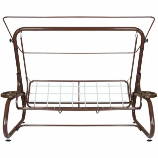Stelaż metalowy huśtawki ogrodowej, brązowy z wbudowanymi uchwytami na napoje. Przeznaczony do użycia w ogrodzie.