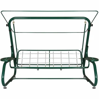 Metalowy stelaż huśtawki ogrodowej w kolorze zielonym. Kompletna konstrukcja do użytku na zewnątrz.