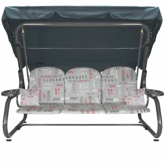 Huśtawka ogrodowa metalowa do ogrodu z wzorzystymi poduszkami w kolorze szarym i czerwonym. Posiada zadaszenie w kolorze grafitowym.