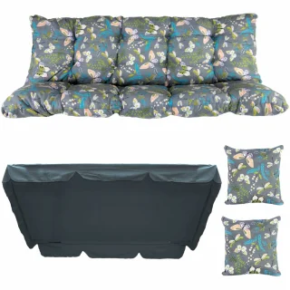 Poduszki ogrodowe 150cm na huśtawkę, komplet z jaśkami i daszkiem. Wzór kwiatowy na szarym tle.