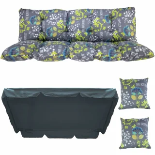 Poduszki ogrodowe 150 cm na ławkę, do ogrodu, z jaśkami i daszkiem, wielobarwne z roślinnym wzorem.