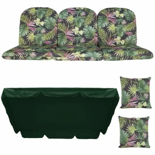 Poduszki na ławkę ogrodową 180cm w liściasty wzór zielono-różowy, z jaśkami i daszkiem w zestawie. Idealne na taras lub do ogrodu.