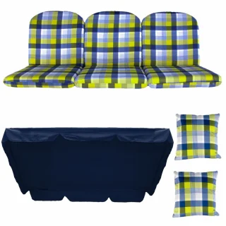 Poduszki na huśtawkę ogrodową 180cm. Zestaw składa się z poduszki z jaśkami i daszkiem w kratkę żółto-niebieską.