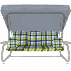 Poduszki ogrodowe 180cm na huśtawkę, z jaśkami, w niebiesko-żółtą kratę.