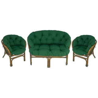 Komplet poduszek na rattanowe meble ogrodowe. Zestaw w zielonym kolorze, 2 fotele i 1 sofa.