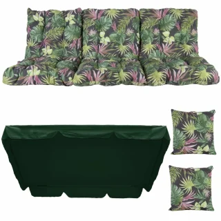 Poduchy ogrodowe 180cm, na huśtawkę, z jaśkami i daszkiem, wzór liście tropikalne, zielono-różowe.