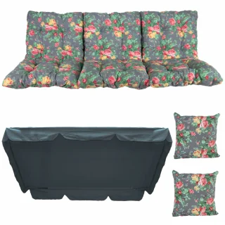 Poduszki ogrodowe 150cm na huśtawkę, kwiatowy wzór. Komplet z poduszkami i daszkiem, kolor dominujący zielony z motywem kwiatów.