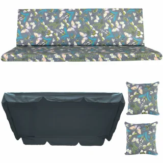 Poduszki ogrodowe 180cm na huśtawkę, komplet z jaśkami i daszkiem. Wzór kolorowy w motyle na szarym tle.