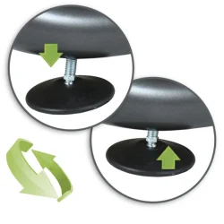 Stopka regulacyjna do mebli, pojedyncza sztuka, czarna z metalowym elementem. Pokazana z dwóch ujęć w instrukcji montażu.